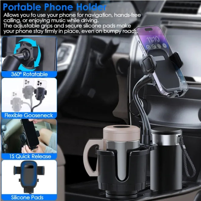 SR 2-in-1 Smart Drive Hub – Universal Cup Holder & 360° Phone Mount
