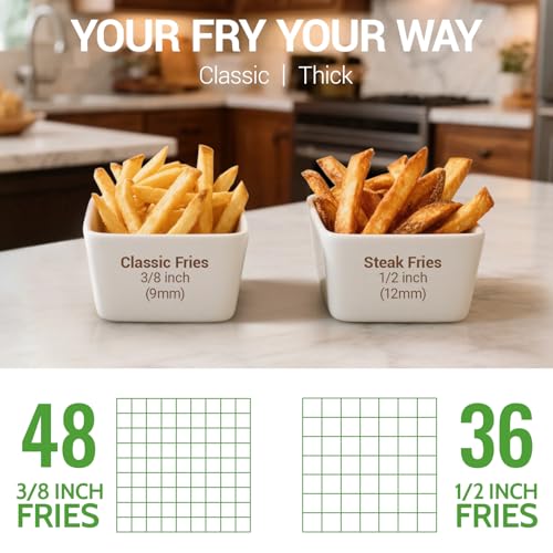 Two containers of fries with size labels and grid lines on a kitchen counter.