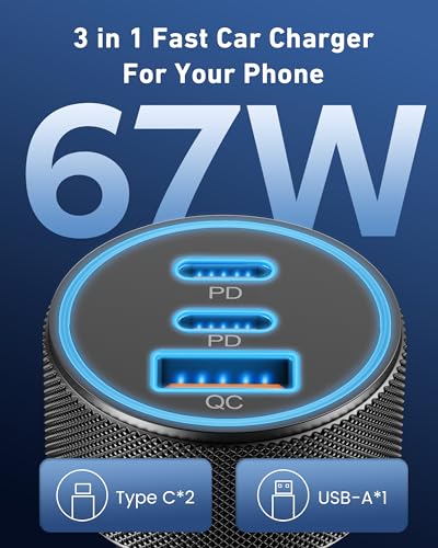 3-in-1 fast car charger with 67W capacity on a blue background