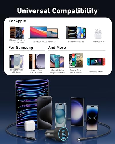 Product display with universal compatibility for Apple, Samsung, and other devices on a dark background.