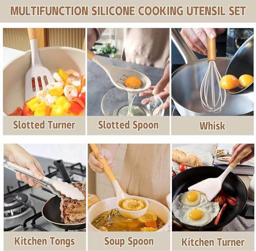 Multifunctional silicone cooking utensil set with various uses shown.