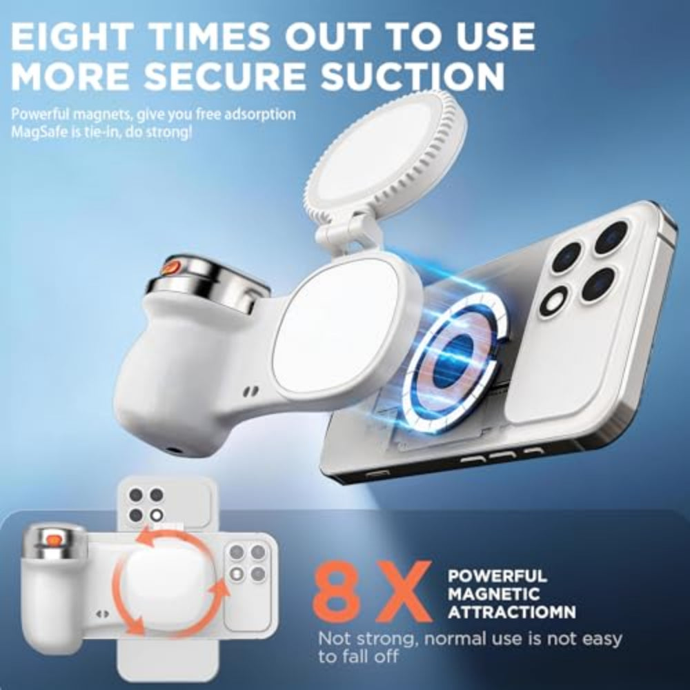 Magnetic phone holder and earbuds with text about secure suction and magnetic attraction.