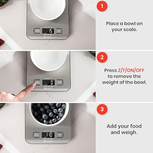 Instructions for using a digital kitchen scale with a bowl and blueberries.