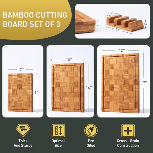Set of three bamboo cutting boards with dimensions and features on a dark background