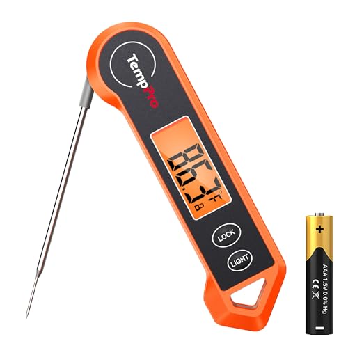 Digital thermometer with orange casing and battery on a white background