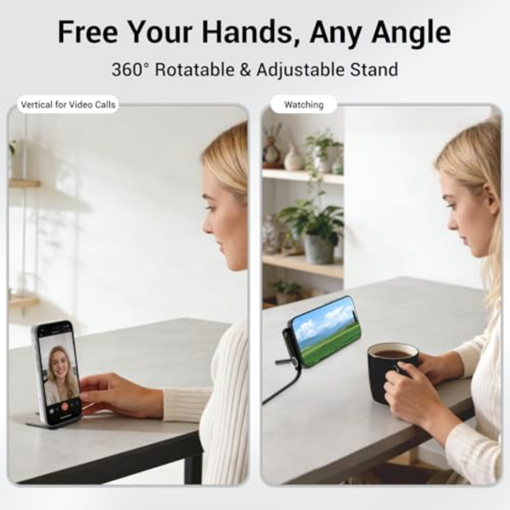 Woman using a smartphone with a 360-degree rotatable stand in two different scenarios.