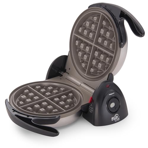 Waffle maker with open lid on a white background