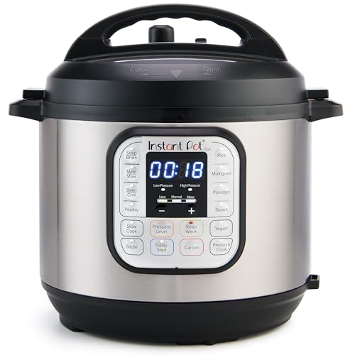Instant Pot pressure cooker with digital display on a white background