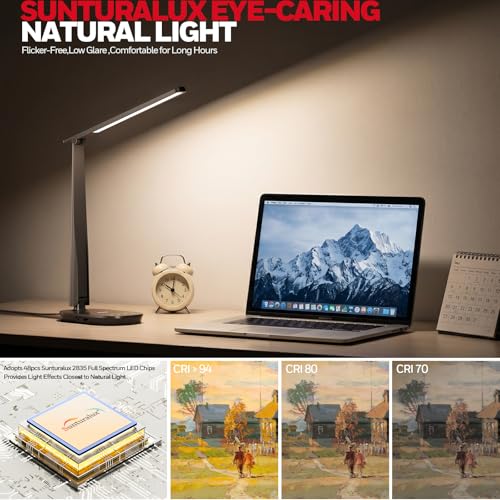 Desk lamp on a desk with laptop and clock, highlighting 'Sunturalux Eye-Caring Natural Light' features.
