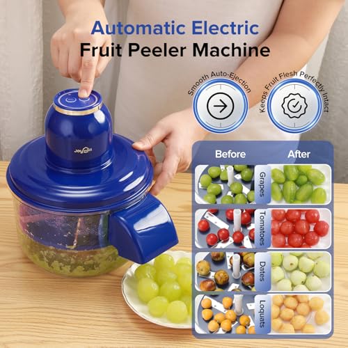 Automatic Electric Fruit Peeler Machine with before and after images of peeled fruits on a wooden table.