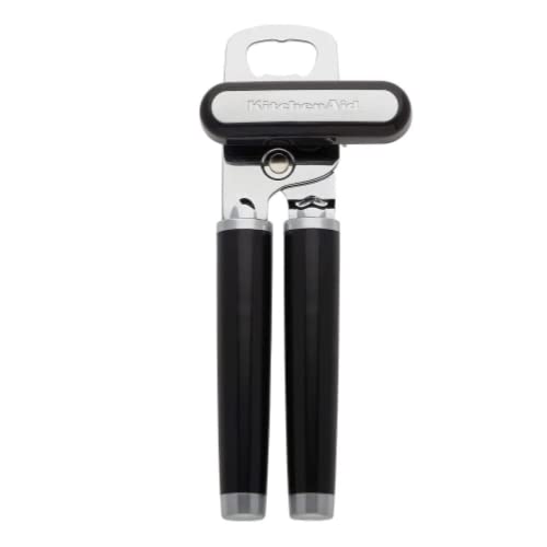 Black can opener with silver blade on a white background