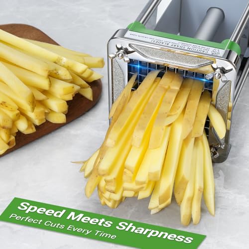 Potato peeler with sliced potatoes on a white surface, with text 'Speed Meets Sharpness' and 'Perfect Cuts Every Time'.
