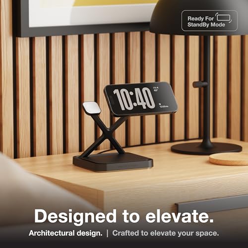 Smartphone stand with digital clock on a wooden surface, featuring text 'Designed to elevate.'