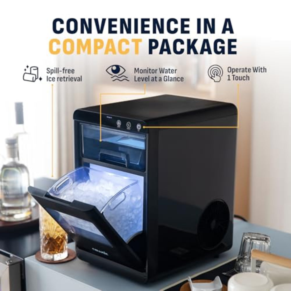 Black ice maker with features highlighted on a kitchen counter.