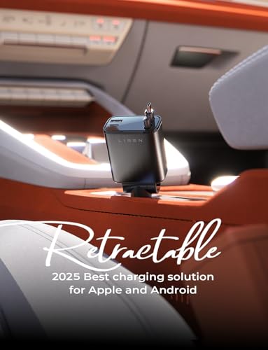Retractable charging solution for Apple and Android on a car dashboard with 'Liren' branding.