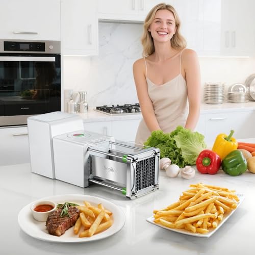 Woman in a kitchen with a food processor, vegetables, and plates of food.