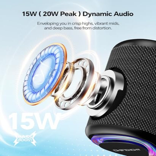 Black speaker with dynamic audio features and power output details on a light blue background