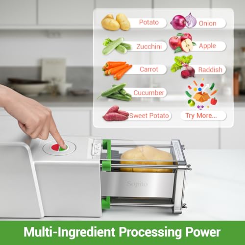 Vegetable processing machine with a digital display showing various vegetables and a hand pressing a button.