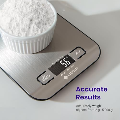 Digital kitchen scale with a bowl of flour on a white surface, displaying 'Etekcity' branding.