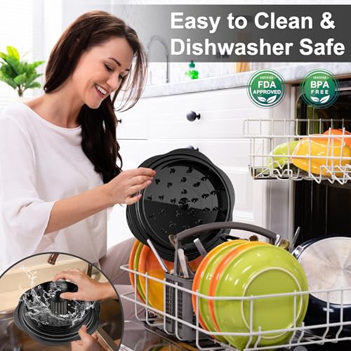 Woman in a kitchen with a dish rack full of dishes, emphasizing ease of cleaning and dishwasher safety.