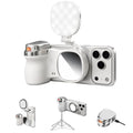 Smartphone with a ring light attachment on a white background