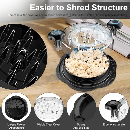 Product with shredding mechanism on a wooden surface, featuring text and close-up details.