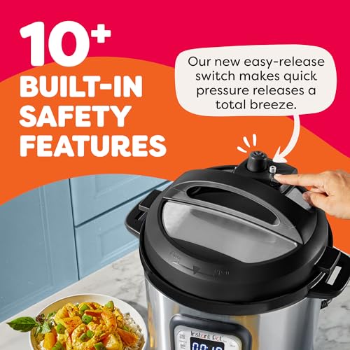 Pressure cooker with a hand pointing to the easy-release switch, text about safety features on a colorful background.