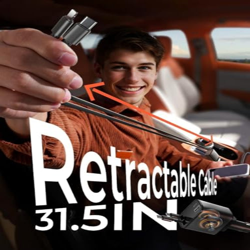 Person holding a retractable cable with text indicating length and brand.