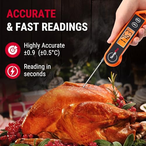 Digital thermometer being used on a roasted turkey with text highlighting accuracy and speed.