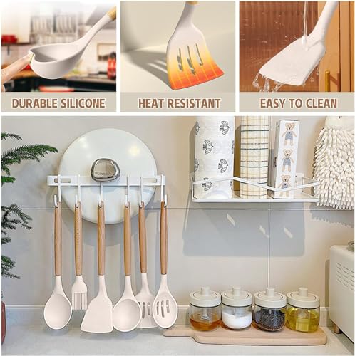 Collage of kitchen utensils with text highlighting features like durability, heat resistance, and ease of cleaning.