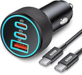 Car charger with multiple USB ports and cables on a white background