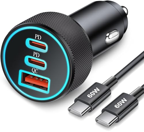 Car charger with multiple USB ports and cables on a white background