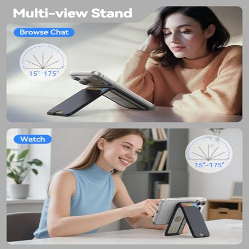Multi-view stand product with a woman using it for browsing chat and watching.