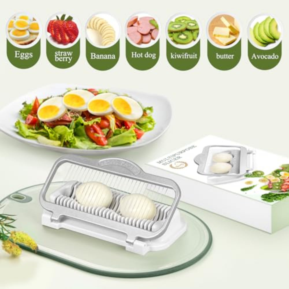 Egg slicer with sliced eggs on a plate, surrounded by illustrations of various food items.