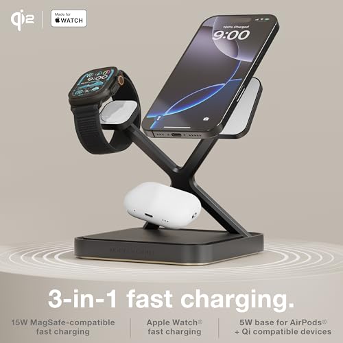 Multi-device charging stand with smartphone, smartwatch, and wireless earbuds on a neutral background.