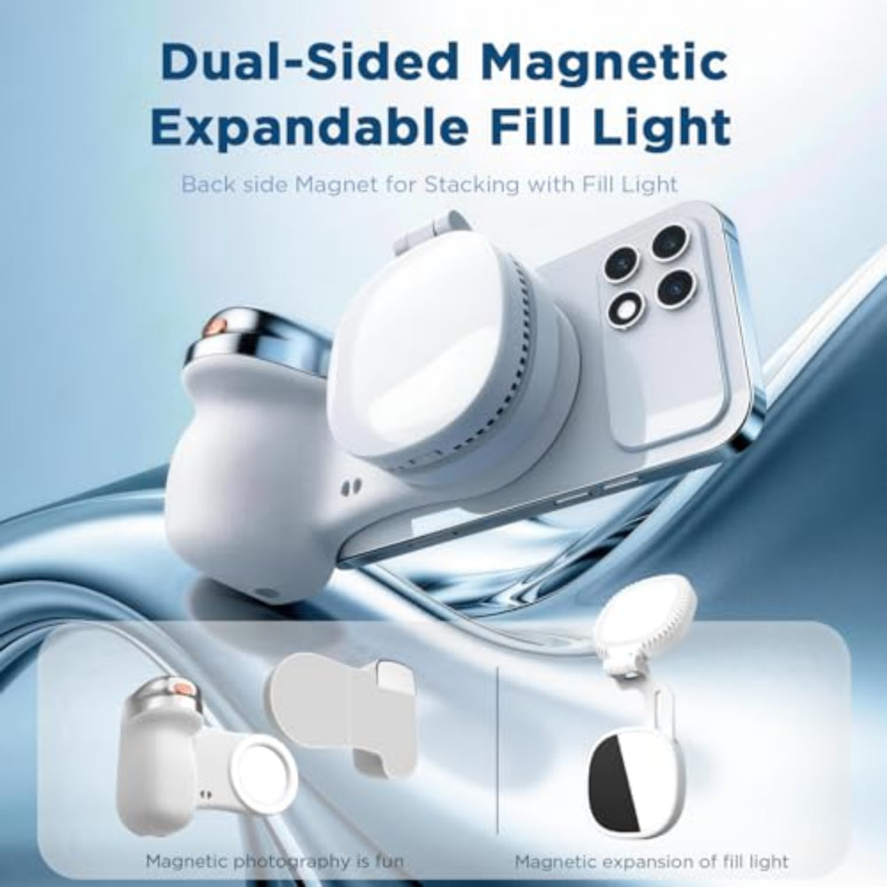 Dual-sided magnetic expandable fill light with smartphone attachment on a blue gradient background