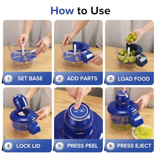 Step-by-step guide on how to use a blue food chopper with images of hands performing each step.