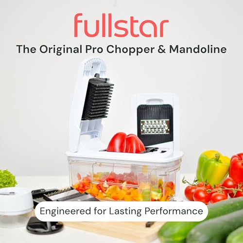 Fullstar chopper and mandoline slicer with vegetables on a white background