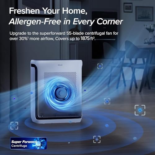 Air purifier with text about allergen-free home improvement in a living room setting
