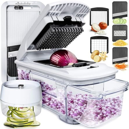 Multifunctional kitchen slicer with various attachments and chopped vegetables on a white background