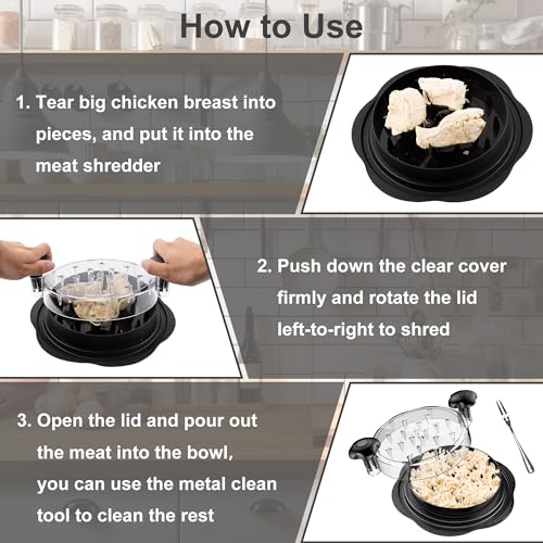 Instructions on how to use a meat shredder with images of the process.