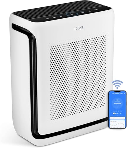 Levoit air purifier with a smartphone app displayed on a white background