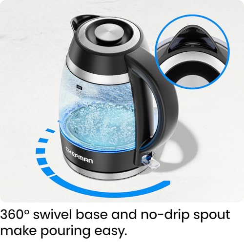 Glass electric kettle with 360-degree swivel base and no-drip spout on a white background.