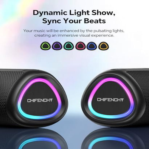 Chifench Bluetooth speakers with dynamic light show feature on a reflective surface.