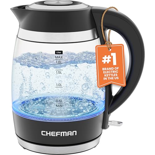 Chefman electric kettle with water inside, black handle, and visible brand name on a white background.