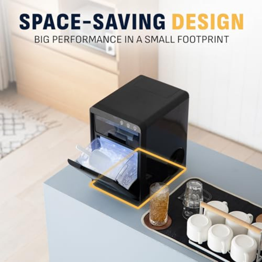 Small black refrigerator on a table with drinks and ice, text 'Space-Saving Design' above.