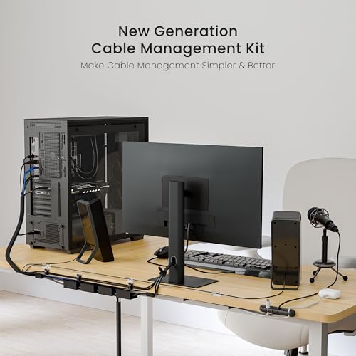 Computer setup with cable management kit on a desk, featuring text about new generation cable management.