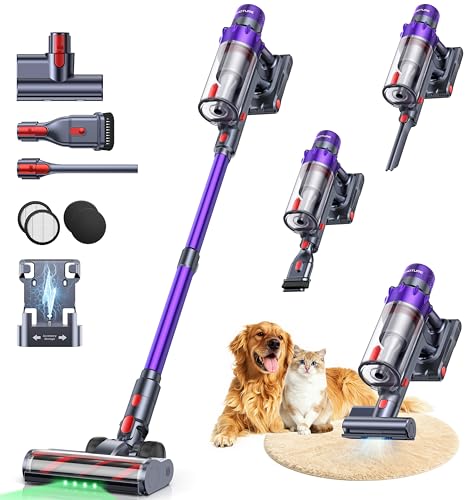 Purple and gray cordless vacuum cleaner with attachments on a white background, featuring a dog and cat.