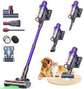 Purple and gray cordless vacuum cleaner with attachments on a white background, featuring a dog and cat.