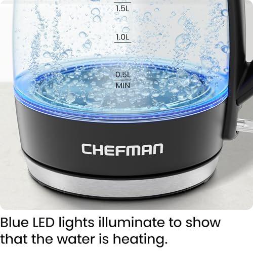 Chefman electric kettle with LED lights showing water heating